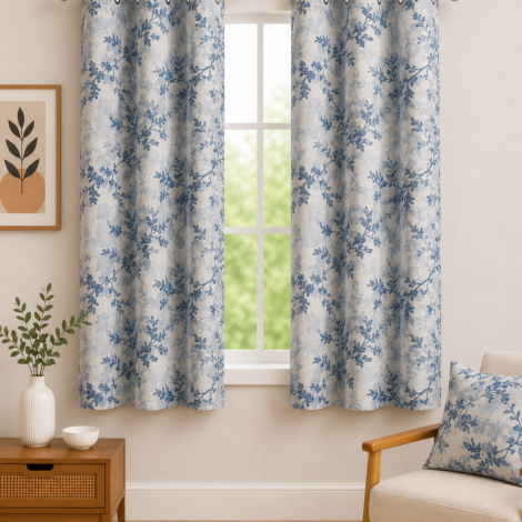 Premium Floral Print Window Curtain with Linen Look Fabric