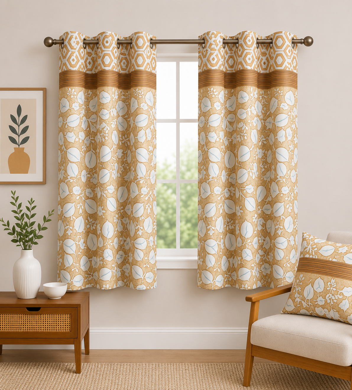 Premium Botanical Print Window Curtain with Linen Look Fabric