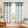 Teal Blue Floral Print Window Curtain with Premium Linen Look Fabric