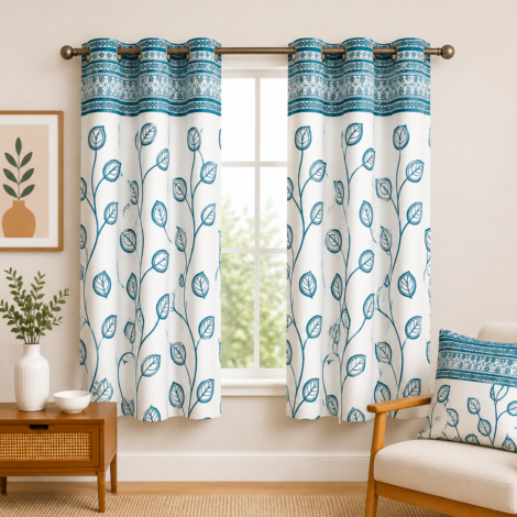 Teal Blue Floral Print Window Curtain with Premium Linen Look Fabric