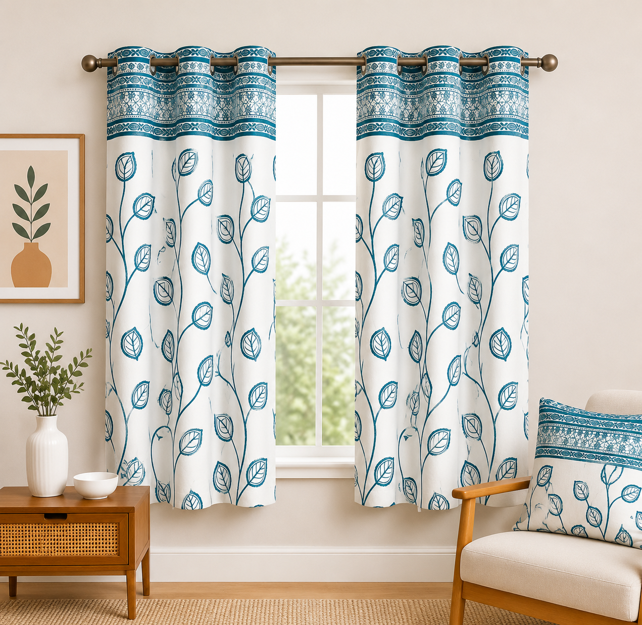 Teal Blue Floral Print Window Curtain with Premium Linen Look Fabric